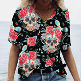 Kurzarm-T-Shirt mit V-Ausschnitt und Totenkopf-Print
